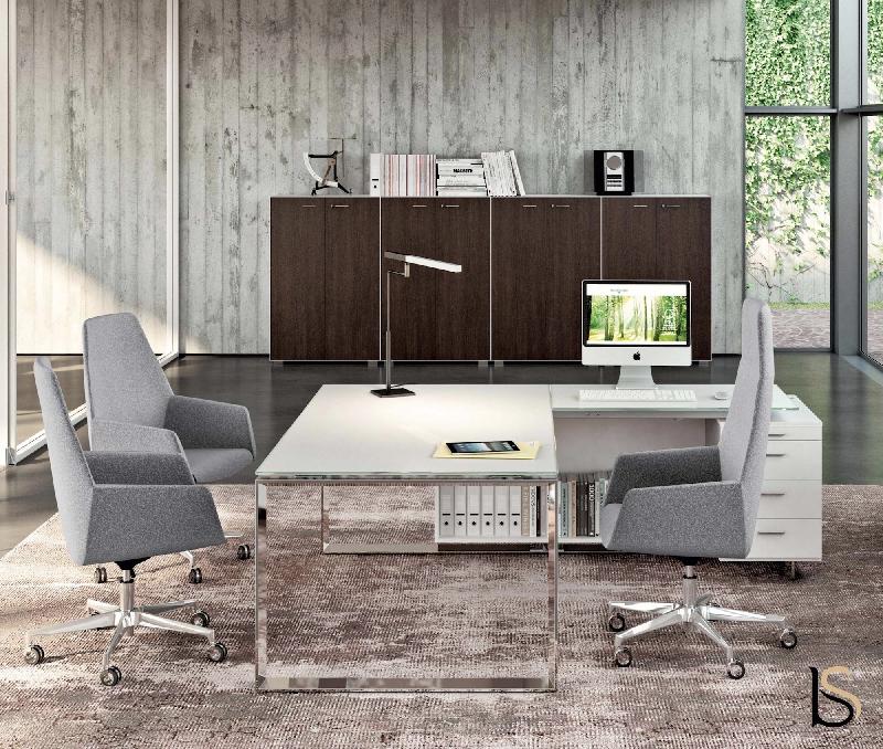 Ensemble de direction X7 avec plateaux en verre blanc - Officity. - 230, Blanc, Droite_2