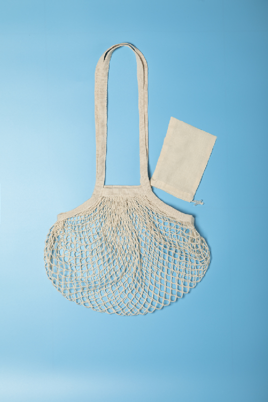Sac shopping pliable en maille 100% coton - avec anses longues et pochette pliante à cordes - couleur beige_2