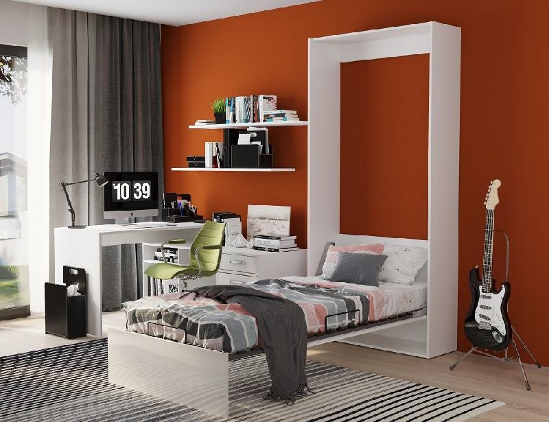 Armoire lit escamotable ultra plate Dynamo - Blanc mat et brillant - Sommier à lattes 90x200 cm_2