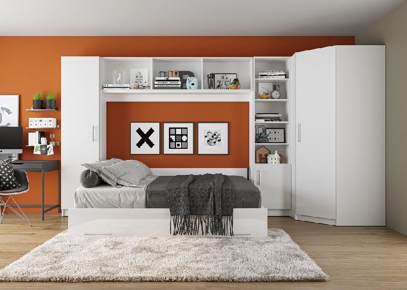 Composition lit escamotable angle Vertigo Sofa blanc avec canapé anthracite 160x200 - 411 x 100 cm - Avec colonnes de rangement_2