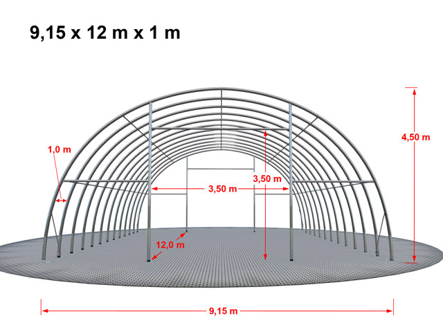 Tunnel de stockage en acier galvanisé - 12 x 9,15 x 4,5 m - Couverture PVC 720 g/m² - Portes et fenêtres incluses_2