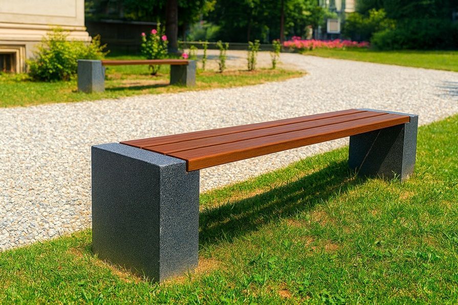 Banc droit public Florence 438/439 en béton avec ou sans dossier  - Assise lattes en bois Iroko_2