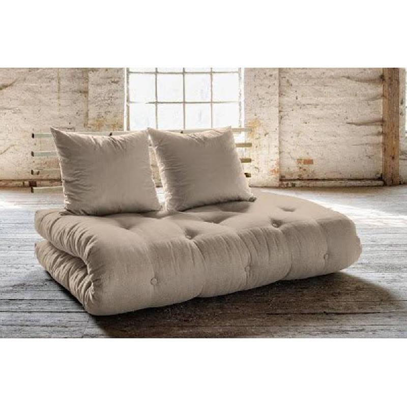 Canapé lit futon Shin Sano beige en pin massif - Couchage 140x200 cm avec matelas futon et coussins inclus_2