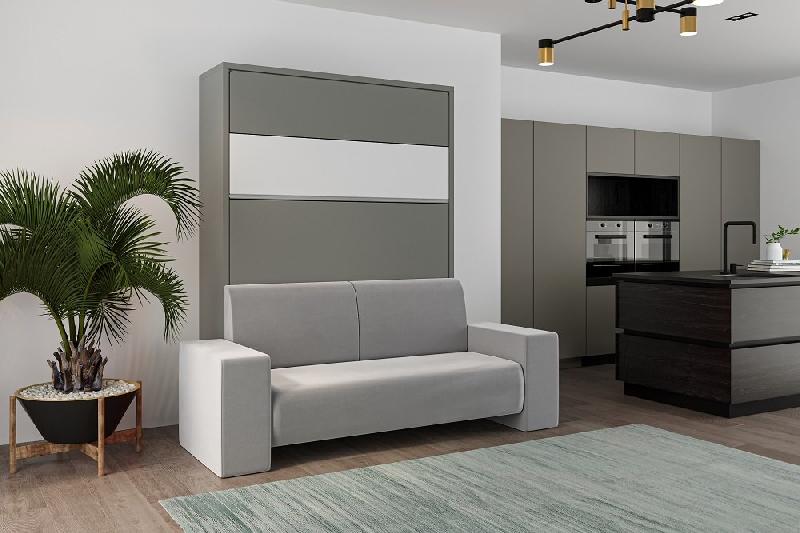Armoire lit escamotable PALACE SOFA 140x200 cm - Gris Macadam et bandeau blanc avec canapé intégré_2