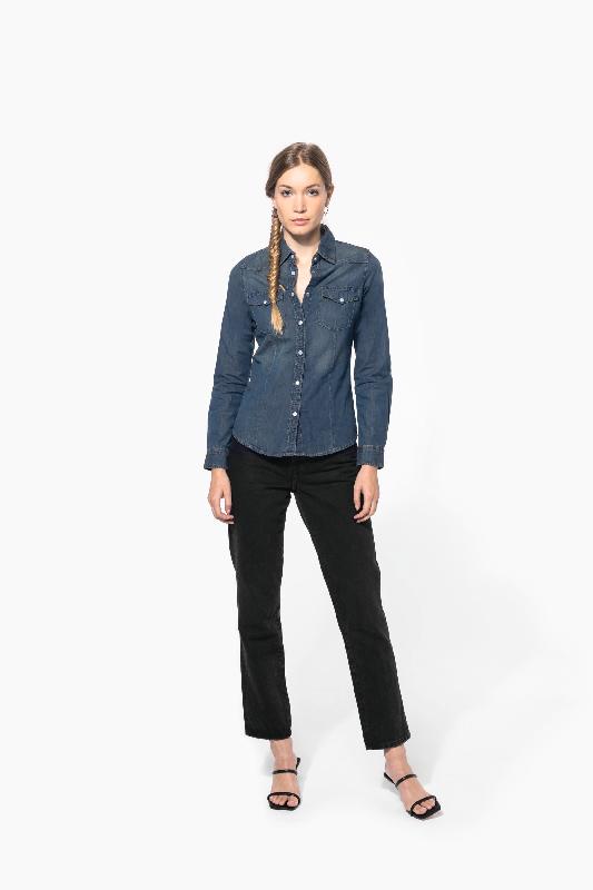 Chemise denim manches longues femme - Réf: K518 - Kariban - 100% coton, boutons pression, coupe cintrée_2