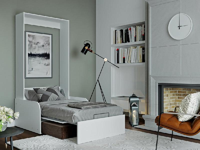 Armoire lit escamotable Dynamo Sofa - Canapé accoudoirs blanc, tissu marron - Couchage 90x200 cm_2