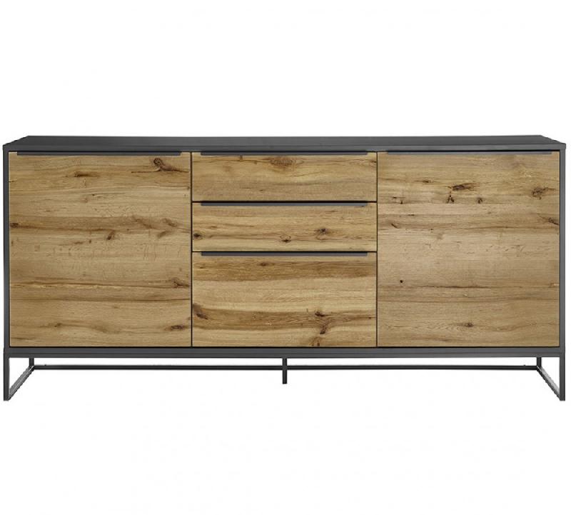 Buffet Abou - 2 portes, 3 tiroirs, plaqué chêne, structure laqué gris anthracite, piètement métal noir_2