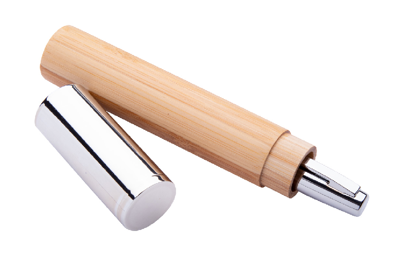Stylo à bille en métal et bambou - Étui tube en bambou avec capuchon chromé - Encre bleue_2