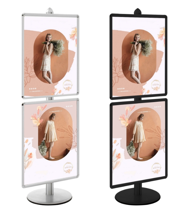 Présentoir Visual-Displays® - 2 cadres 60x80 cm - Réglable en hauteur - Finition aluminium anodisé noir - Réf : 214602NR_0