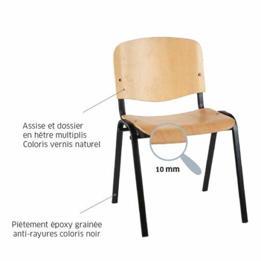 Chaise empilable Claudia bois - structure solide - revêtement époxy noir grainé - neuf_2