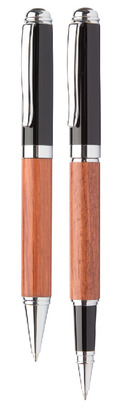 Parure stylo à bille et roller en métal avec corps en bois de rose - Marque André Philippe - Livrée en boîte cadeau noire_2