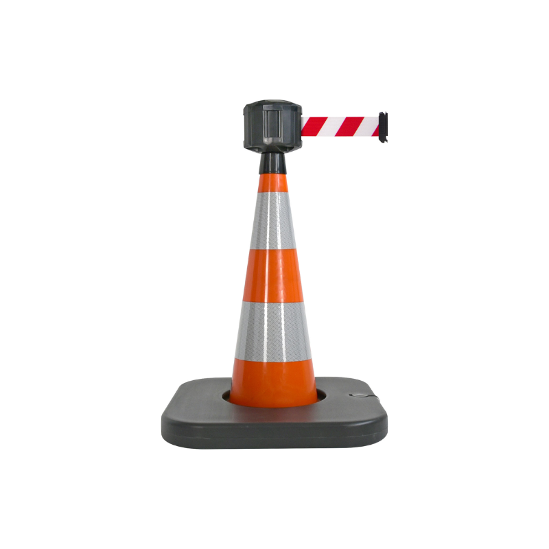 Cône de balisage avec base à lester et sangle enrouleur 50mm largeur - Orange / Rouge/Blanc / 750_2