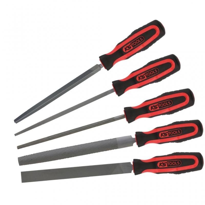 Jeu De 5 Limes Emmanchées KS Tools - Plate, Carrée, Triangulaire, Demi-ronde, Ronde - Longueur 200mm