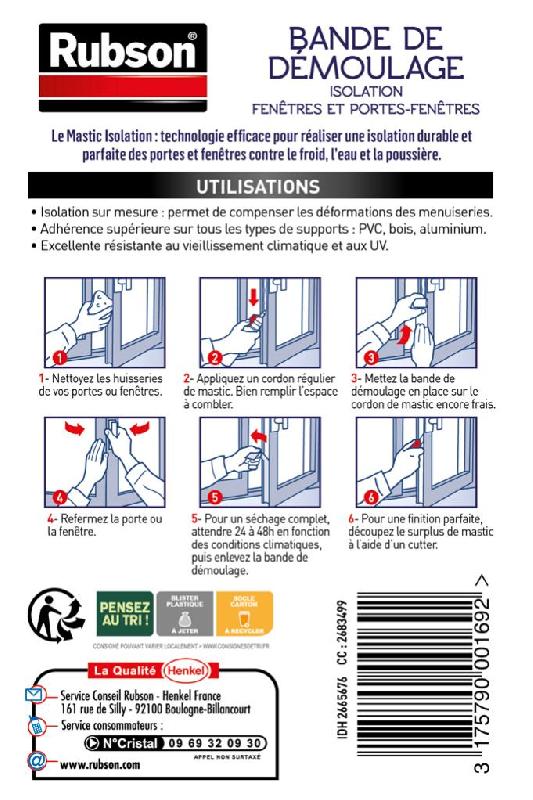 Bande de démoulage RUBSON - Plastique Blanc - 190x40 mm - Moulage joints d'isolation portes et fenêtres_2