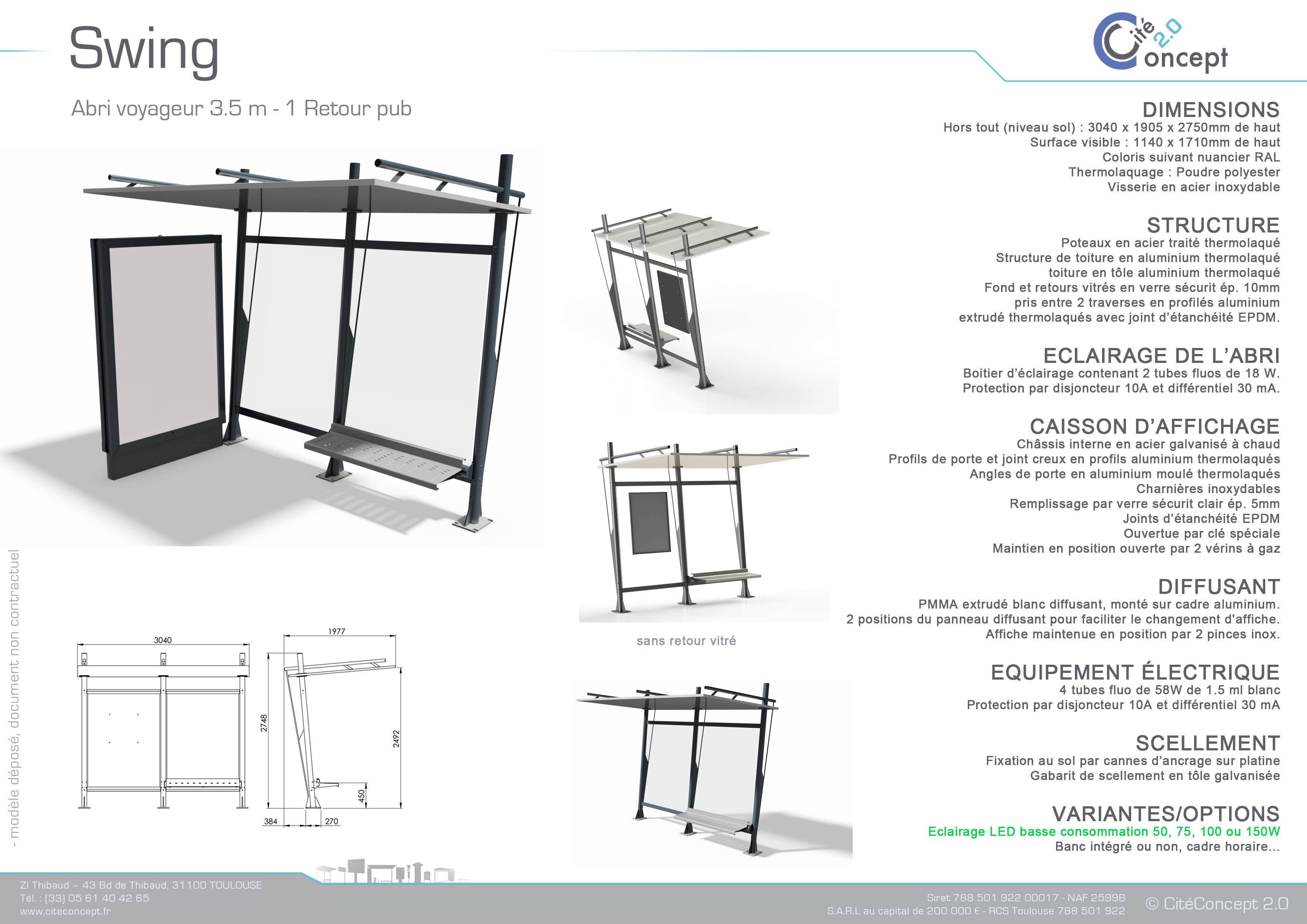 Abri bus Swing - structure en acier - bardage en verre sécurit - avec banquette - dimensions 304 x 190 cm_2