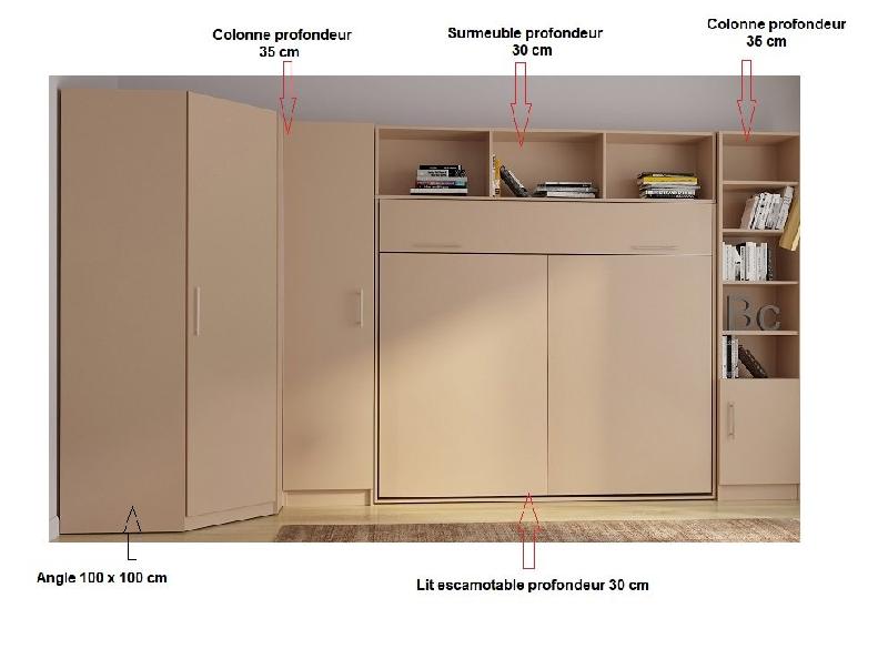 Composition angle lit escamotable Vertigo taupe mat 411 x 100 cm - couchage 160 x 200 cm avec multiples rangements_2