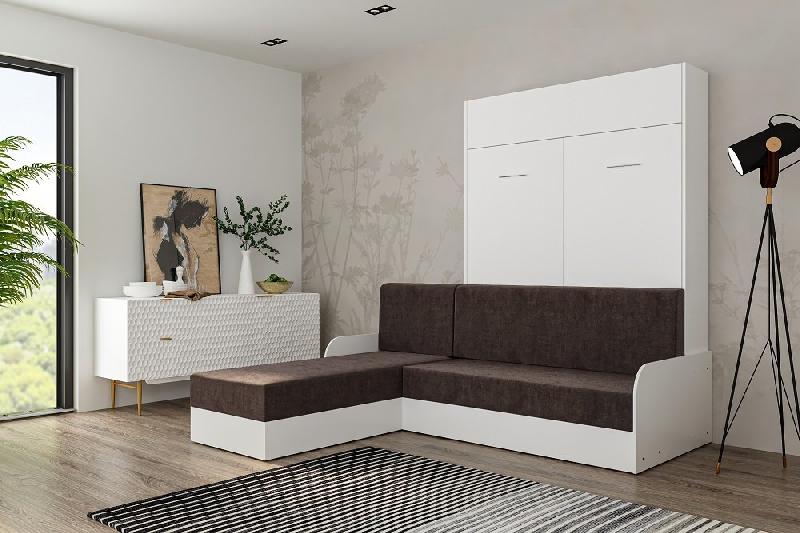Lit escamotable Dynamo Sofa - canapé angle méridienne réversible avec accoudoirs - blanc et tissu marron - 140x200 cm_2