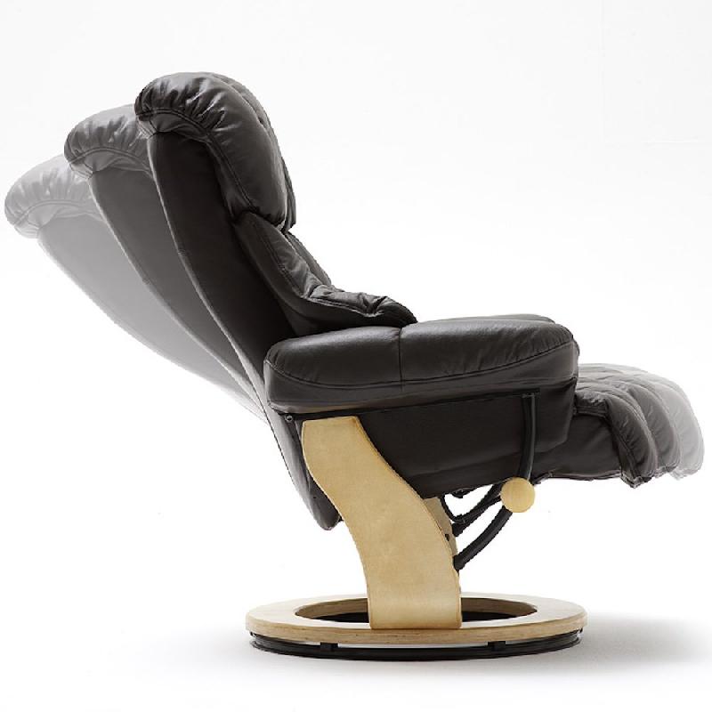 Fauteuil relax CLAIRAC - assise en cuir marron, pied en bois naturel avec repose-pied, inclinable et pivotant 360°_2