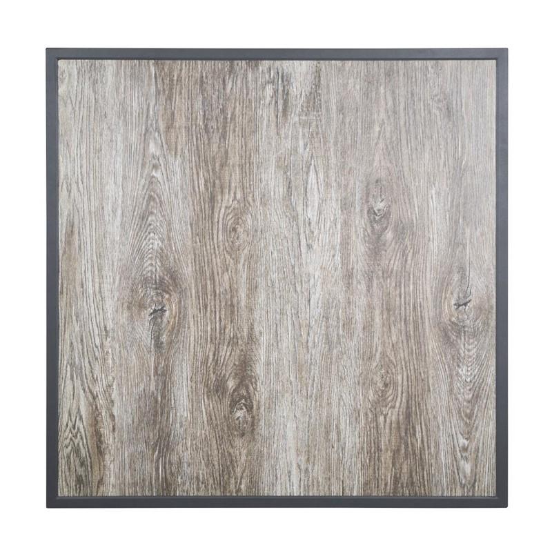 Plateau de table extérieur carré en verre trempé effet grain de bois bord gris 700 mm | Bolero - FU515_2