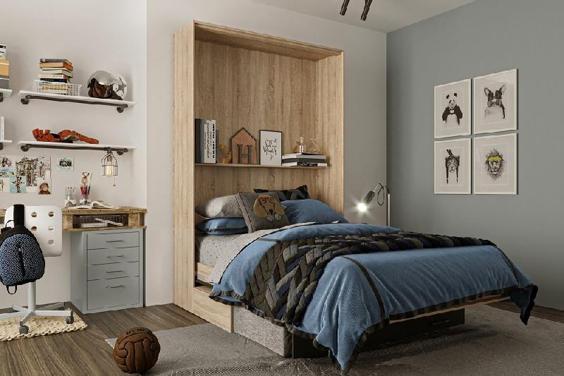 Lit escamotable style industriel KEY SOFA - chêne, bandeau noir, canapé gris 140x200 cm - avec rangements et vérins à pistons_2