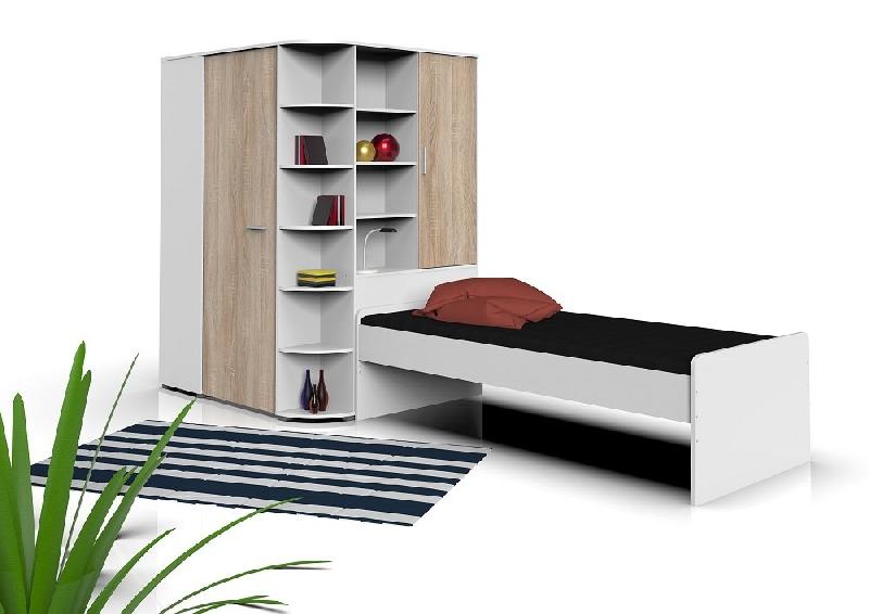 Armoire dressing d'angle VOLVERINE blanc et coloris chêne - 2 portes accordéon - nombreux rangements_2