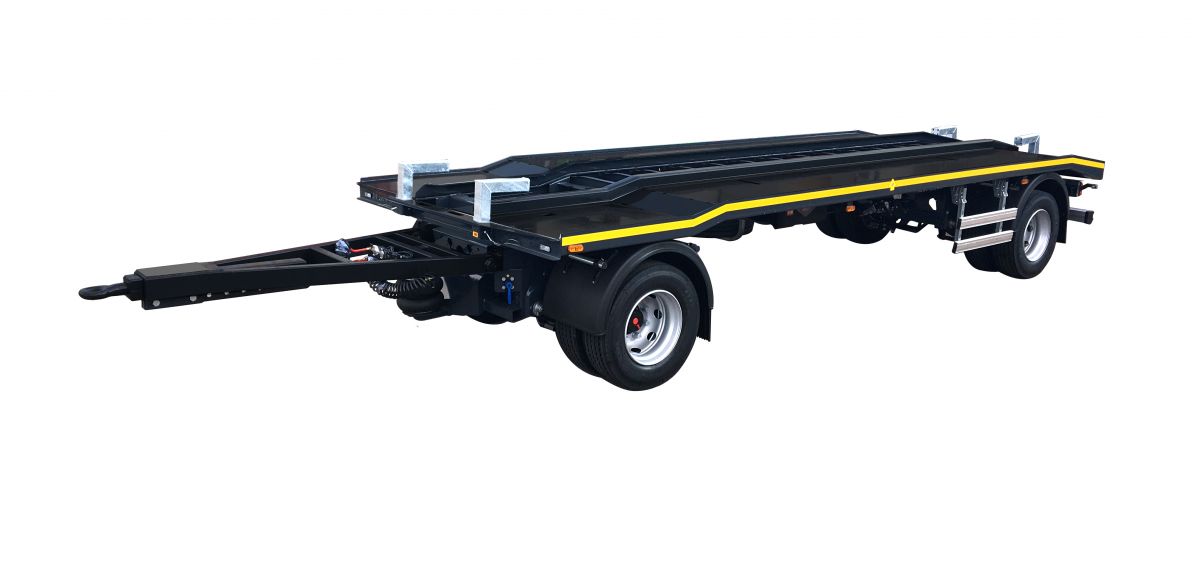 Remorque spécialisée pour caissons avec flèche coudée et attelage BNA 68