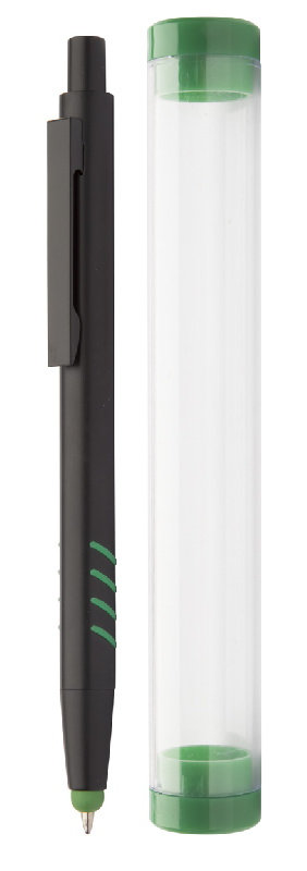 Stylo à bille stylet en aluminium - grip, embout caoutchouc et revêtement spécial gravure colorée - livré avec tube plastique assorti_2