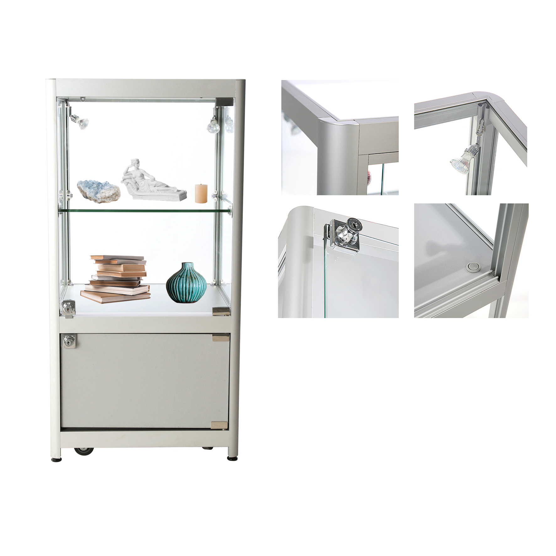 Vitrine d'exposition LED - H 90 x L 45 x P 45 cm - Gris Alu - Modèle bas avec réserve et éclairage - Réf. 2228416_2