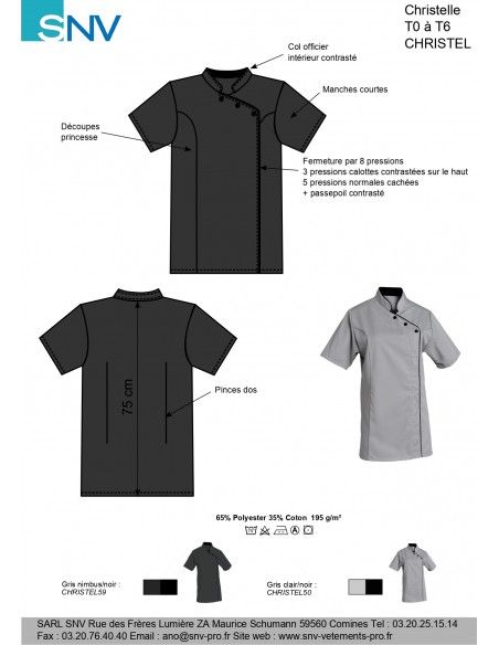Christel50 - Veste de cuisine SNV - manches courtes - sans poche - pressions cachées - poly/coton uni 195 grs_2
