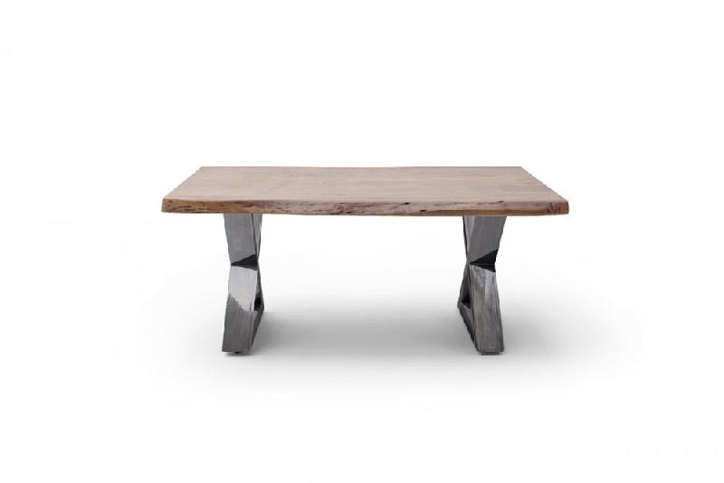 Table basse Claren - Plateau 110 cm en acacia massif teinte noyer - Piétement en X acier finition vintage_2