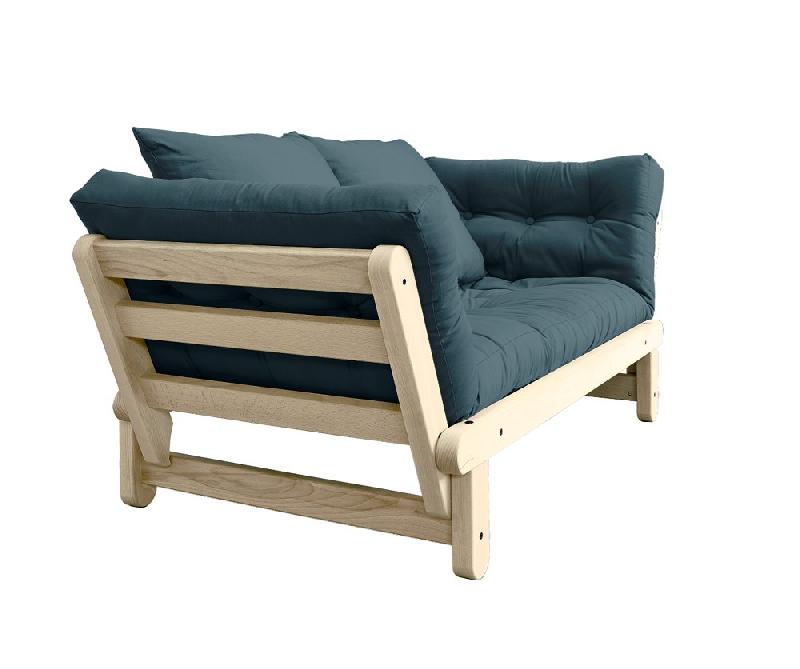 Banquette méridienne futon BEAT - pin naturel, tissu bleu pétrole - couchage 75x200 cm_2