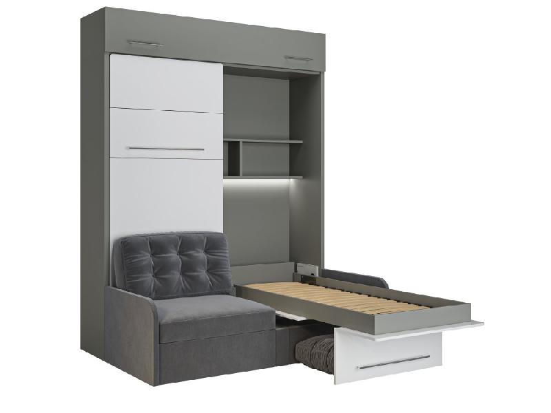 Duo Sofa - Armoire lit escamotable avec canapé gris - 2 x 90/200 - Structure grise et façade blanche_2