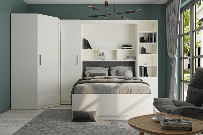 Composition armoire lit escamotable angle Lutecia blanc mat - 350 x 100 cm - Couchage 140 x 190 cm avec rangements intégrés_2