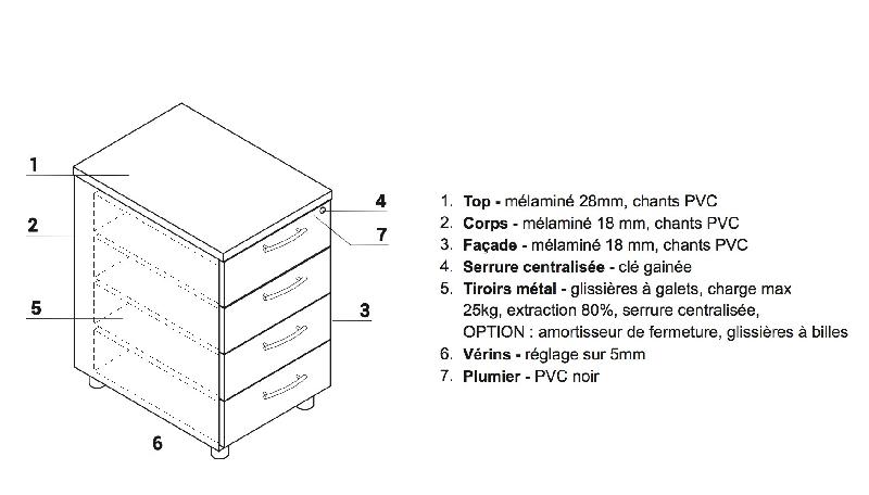Grand caisson 4 tiroirs - MDD - Wengé, Gris aluminium_2
