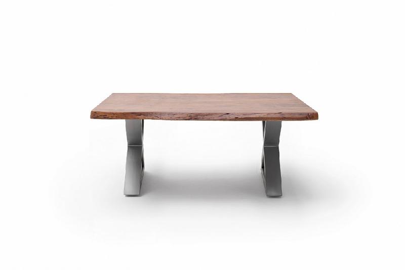 Table basse Claren - plateau 110 cm en acacia massif teinte noyer - piétement en X acier brossé_2