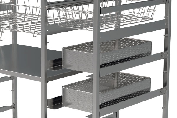 Rayonnage pour instruments et équipements stériles - système modulaire FamoStorage en acier inoxydable, 1200 kg par section_2