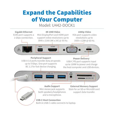 Tripp Lite U442-DOCK1 station d'accueil Avec fil USB 3.2 Gen 1 (3.1 Gen 1) Type-C Argent_2