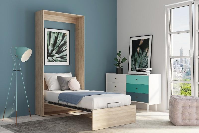 Armoire lit escamotable Dynamo - Chêne naturel - Ouverture assistée - Couchage 90x200 cm - Sommier à lattes_2