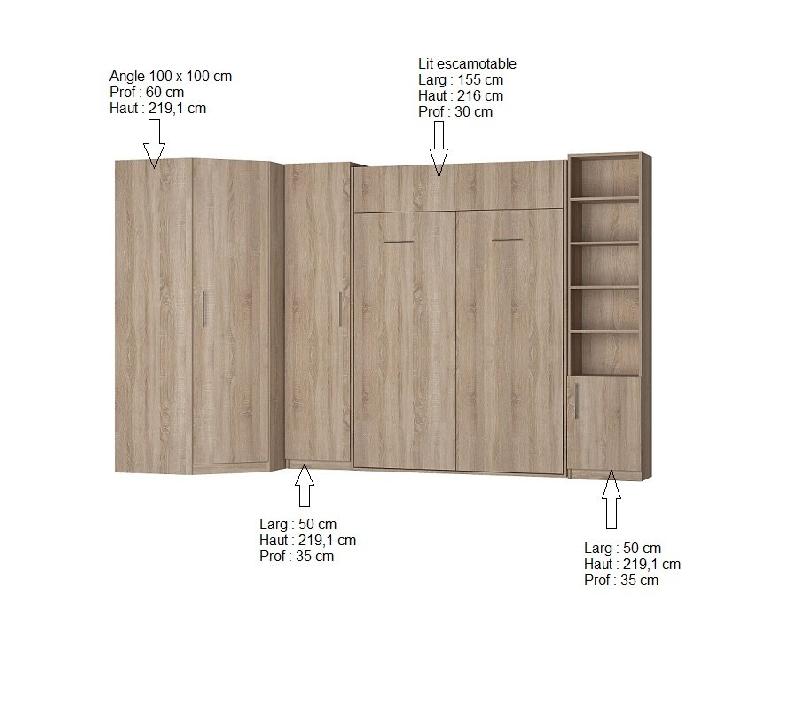 Composition lit escamotable DYNAMO chêne 140 x 200 cm - 2 colonnes rangement + angle - Sommier à lattes et ouverture assistée_2