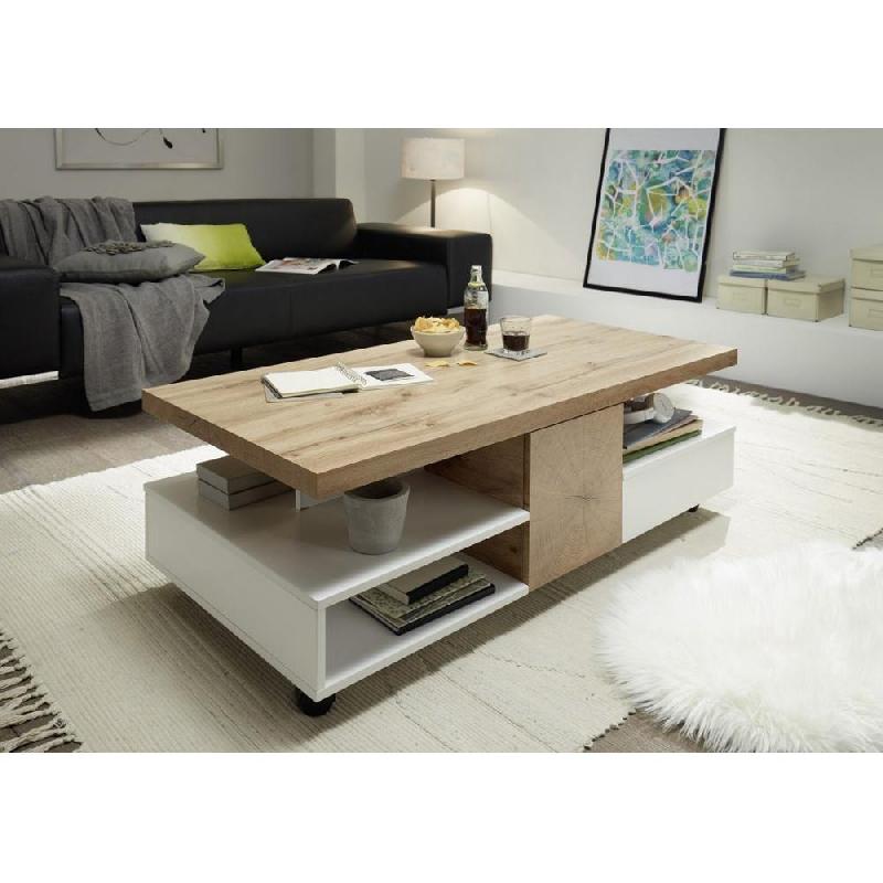 Table basse REAUX 120 x 60 cm - décor chêne et blanc laqué mat avec rangement, roulettes et niches_2
