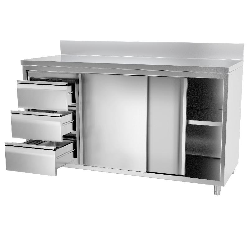 Meuble bas inox adossé P 600 mm avec portes et tiroirs - 1600, A gauche_2
