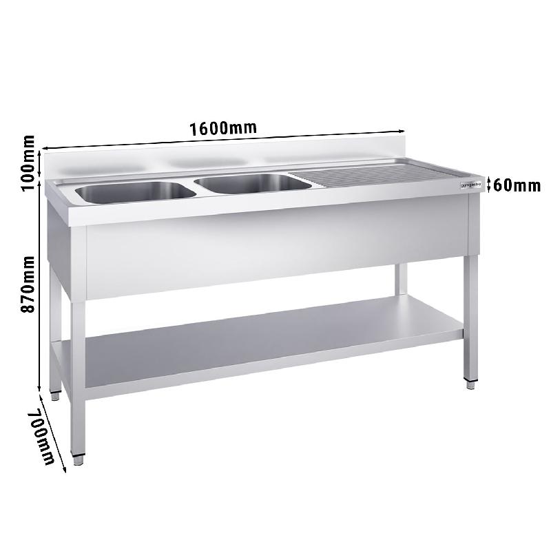 Plonge inox 2 bacs avec égouttoir et étagère - P 700 mm - 1600 mm bac à gauche_2