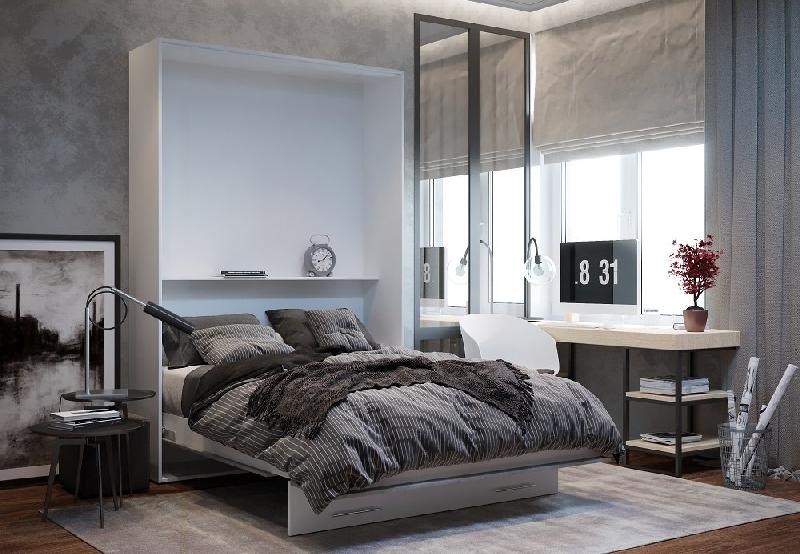 Lit escamotable LOFT blanc - façade gris béton - couchage 160 x 200 cm - design moderne et gain de place_2