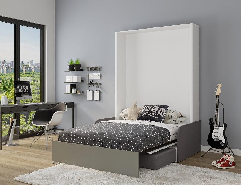 Armoire lit escamotable ALADYNO SOFA - Blanc mat, bandeau gris, canapé gris - Couchage 160x200 cm_2