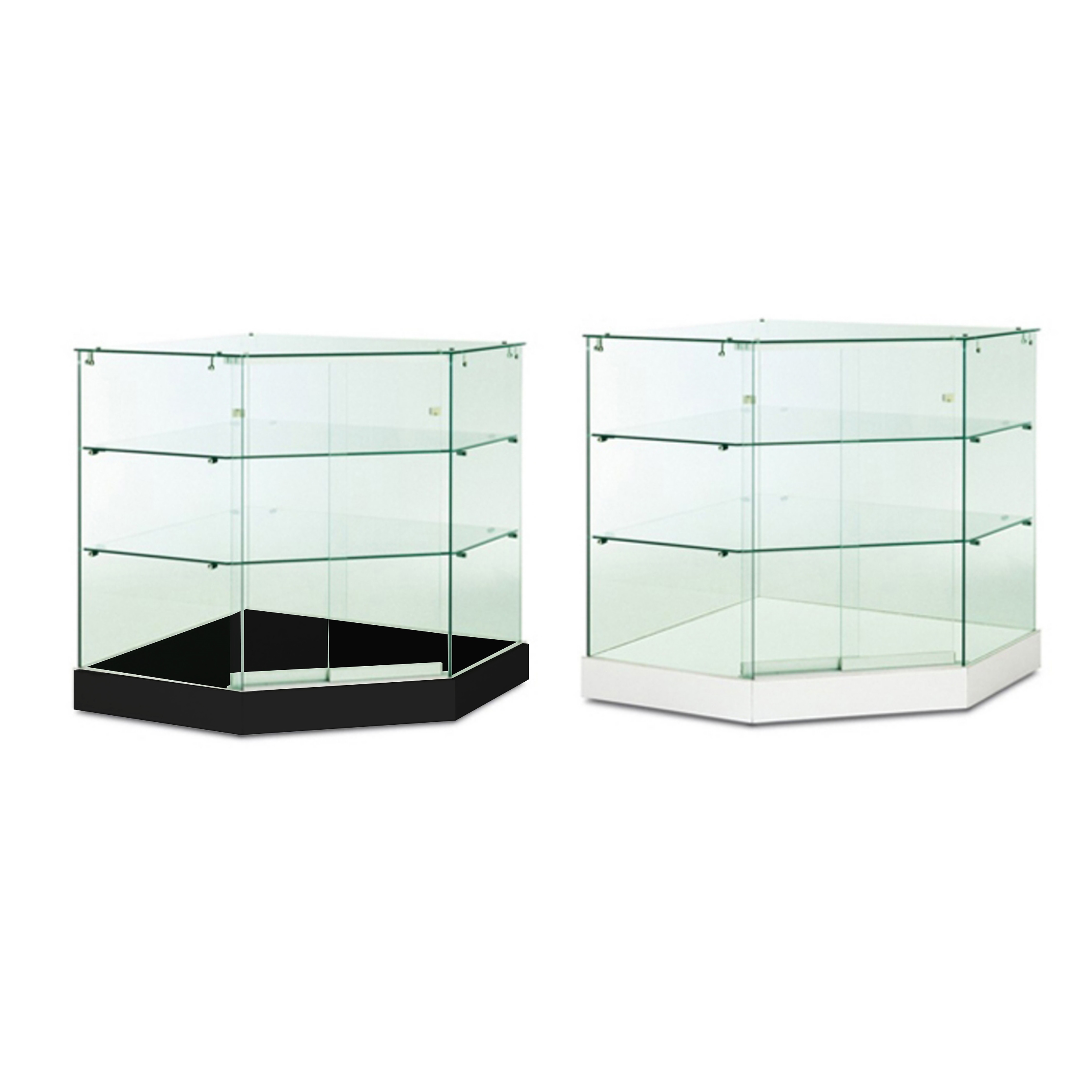 Vitrine d'exposition en verre trempé sécurisé - Modèle angle blanc - Réf : 222102 - Toit en verre, 3 niveaux, roulettes invisibles_2