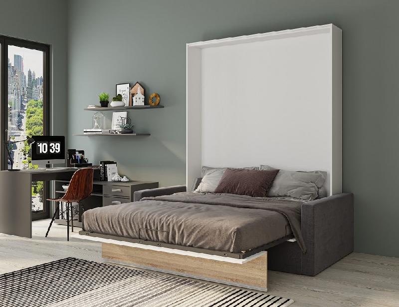 Armoire lit escamotable DJUKE SOFA - Blanc bandeau chêne - Canapé gris 160x200 cm avec coussins et coffre intégré_2