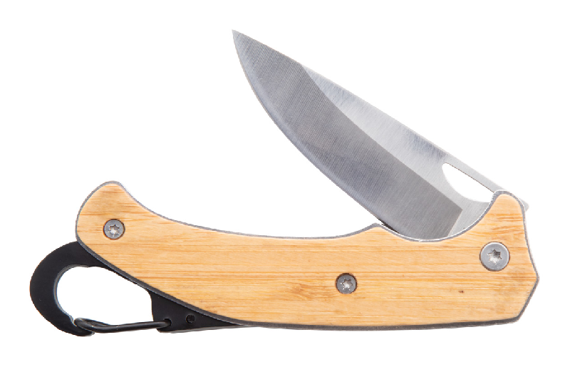 Couteau de poche en acier inoxydable - manche en bambou avec mousqueton et fermeture de sécurité_2