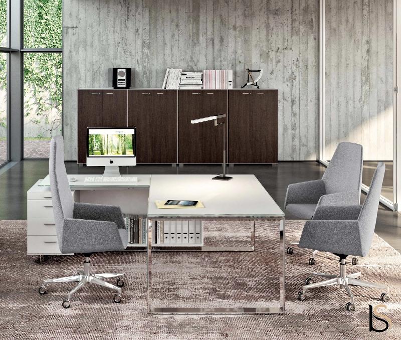 Ensemble de direction X7 avec plateaux en verre blanc - Officity. - 190, Blanc, Gauche_2