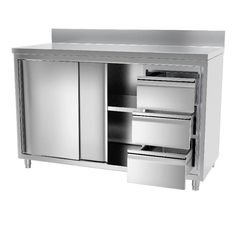 Meuble bas inox adossé P 600 mm avec portes et tiroirs - 1400, A droite_2