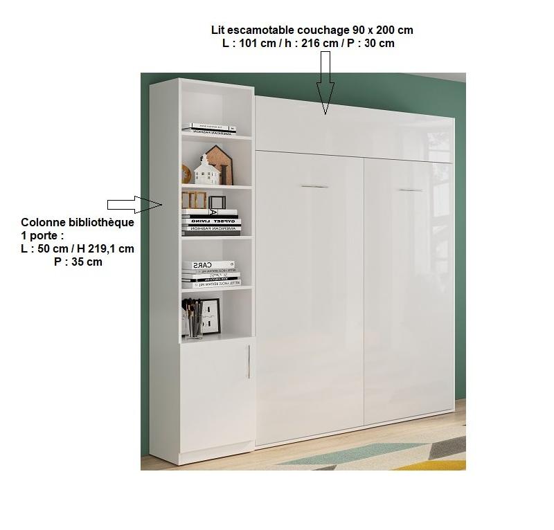 Composition armoire lit DYNAMO - Façade blanc brillant - Colonne bibliothèque blanc mat - Couchage 160x200 cm - Gain de place et design contemporain_2
